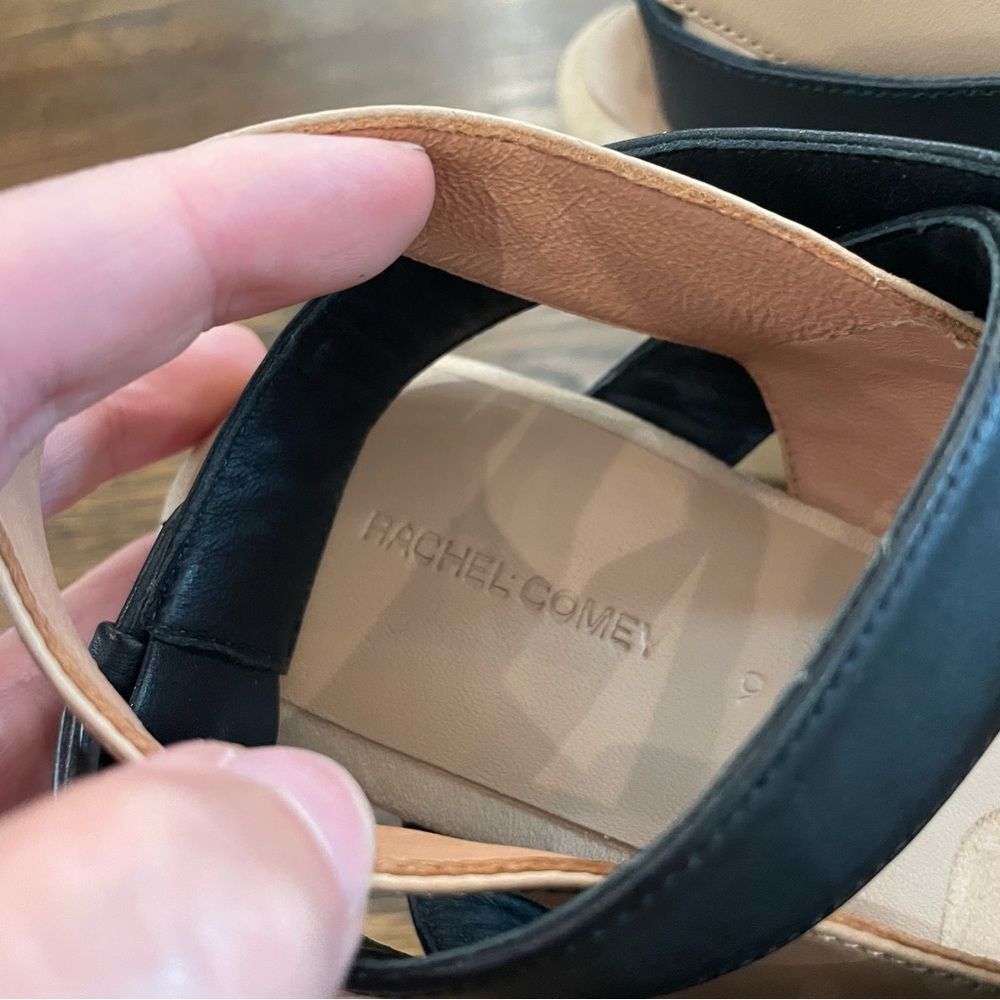 RACHEL COMEY Ceres Wedge Sandals Tan & Black Leather Wrap Around Ankle Strap - Picture 7 of 9